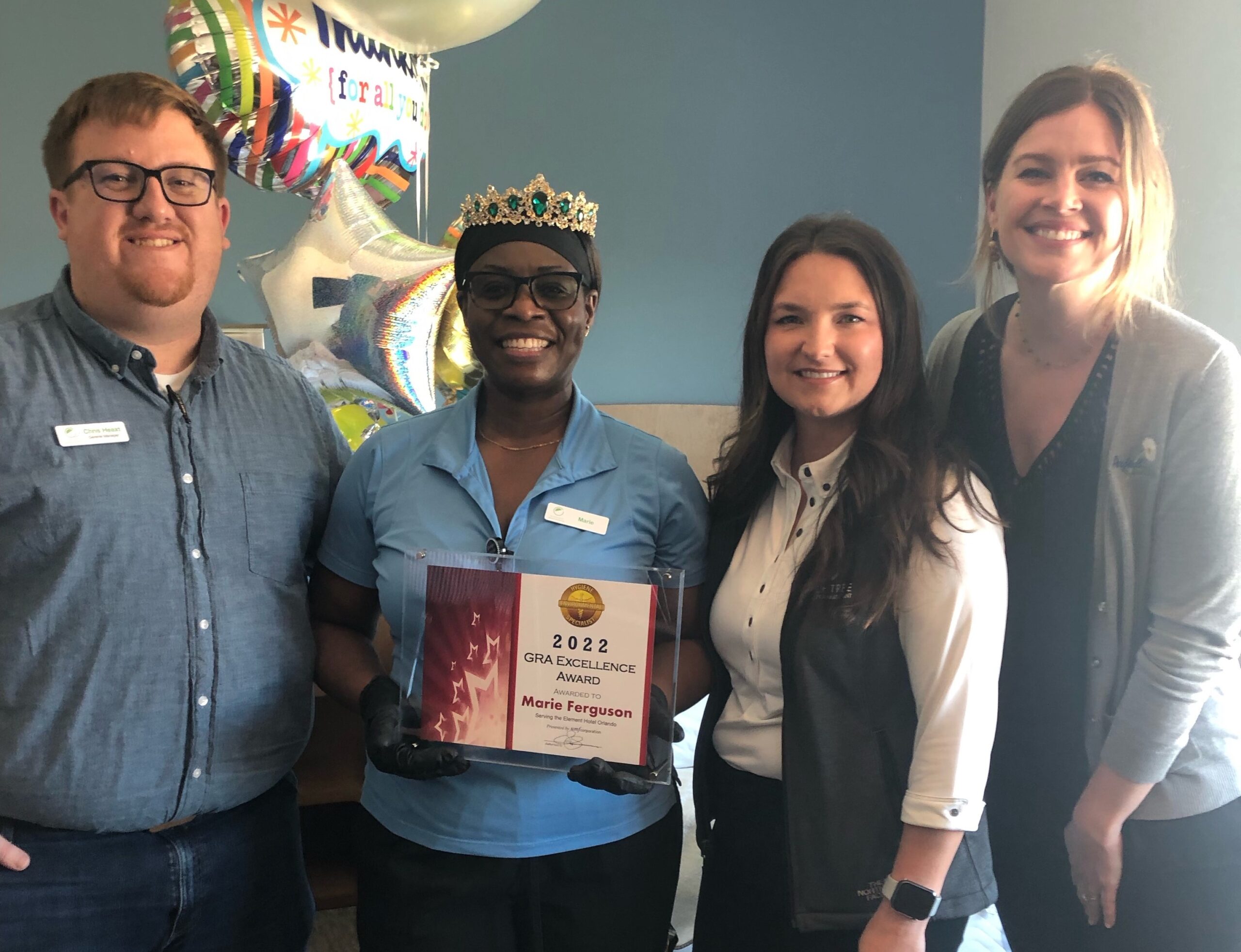 Marie Ferguson, guest room attendant at Element Orlando Universal Blvd receives UMF|PerfectCLEAN’s fourth annual National Guest Room Attendant (GRA) Excellence Award.